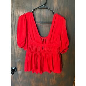 Dolan Left Coast Collection Red V-Neck Puff Sleeve Peplum Tie Back Top XS